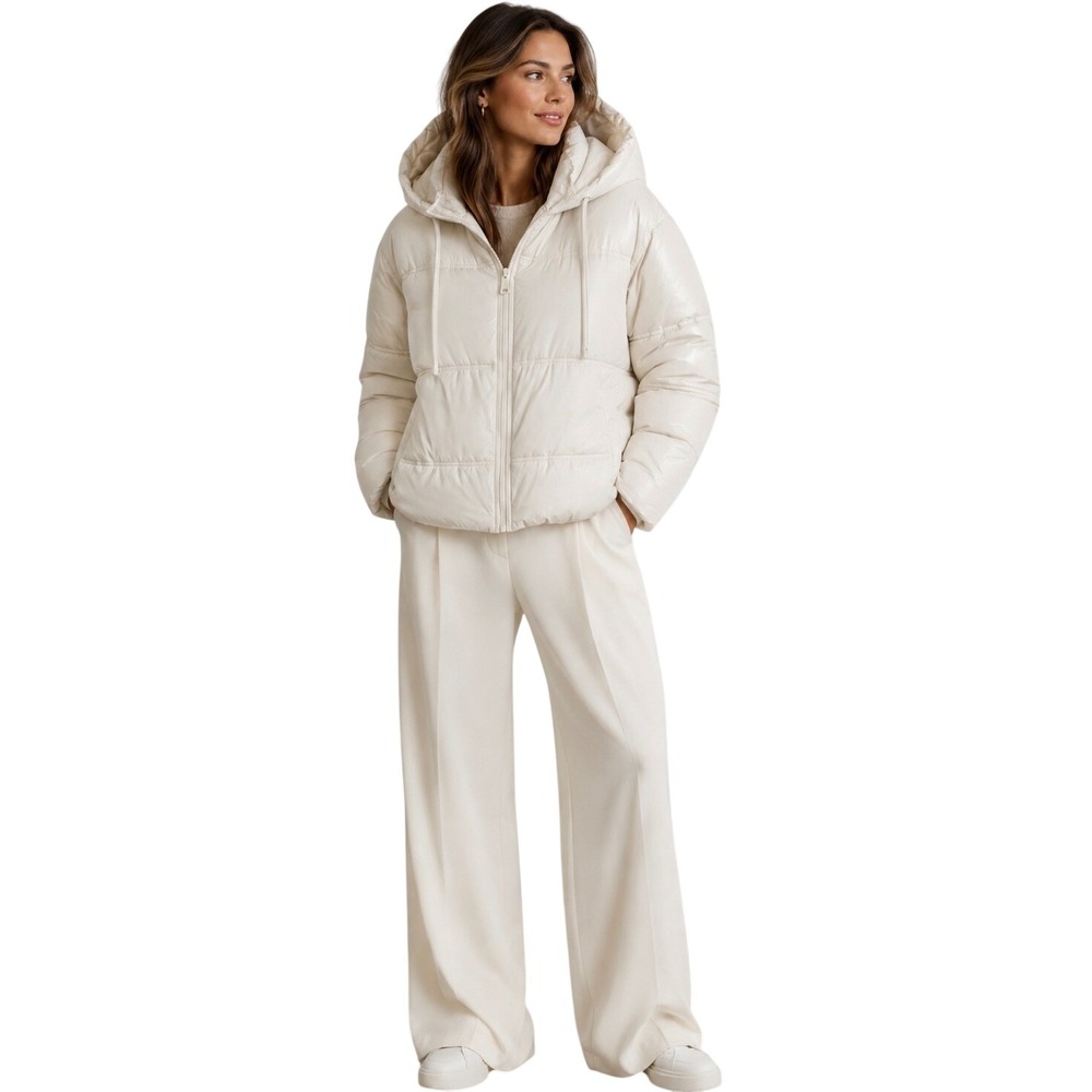 Zara Cream Ivory  Puffer Coat  Hooded Crop Jacket Anorak Size Large‎